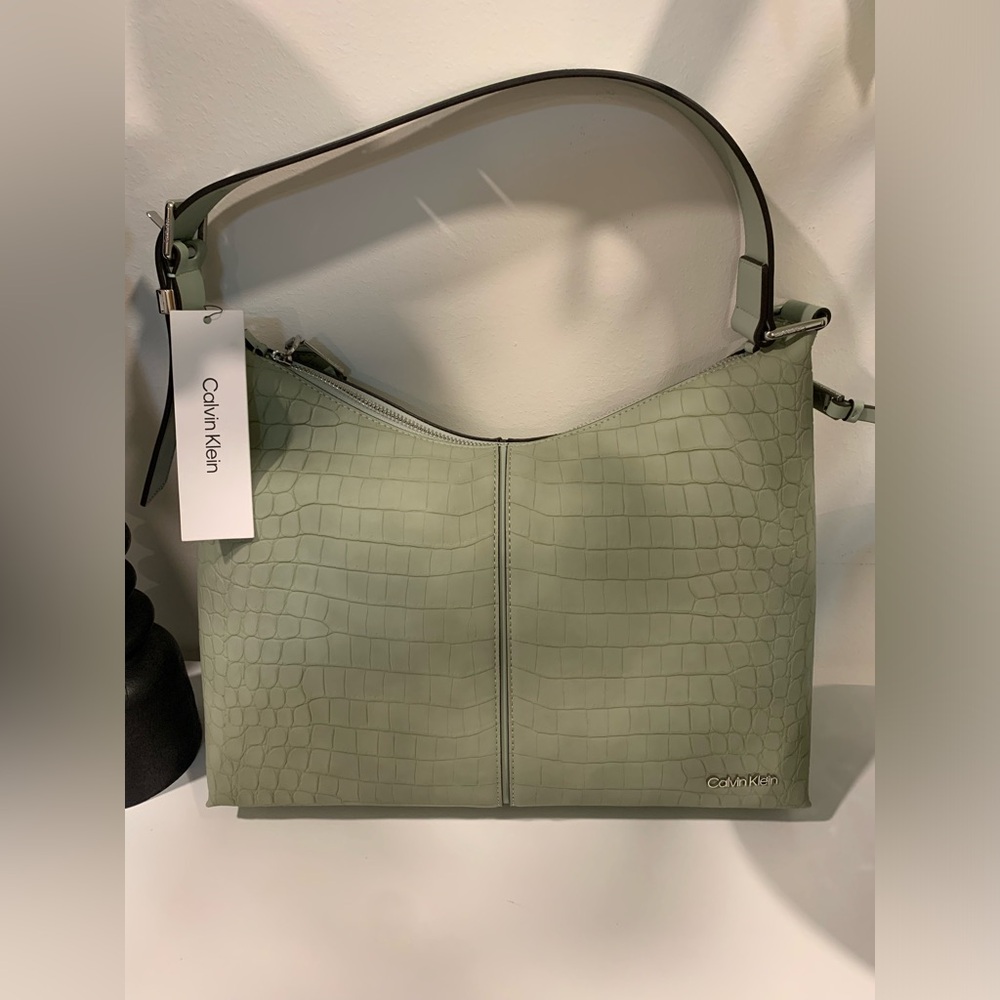 Calvin Klein Sage Croc-Embossed Sueded Shoulder Bag and a Dustbag